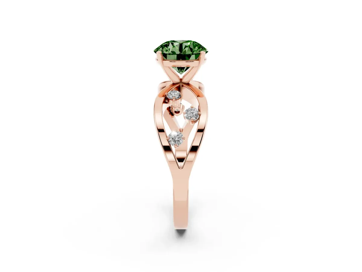 Fancy Green Round Cut Cut Solitaire Diamond with Side Stones on Criss-Cross Band and Four-Prong Setting Rose gold