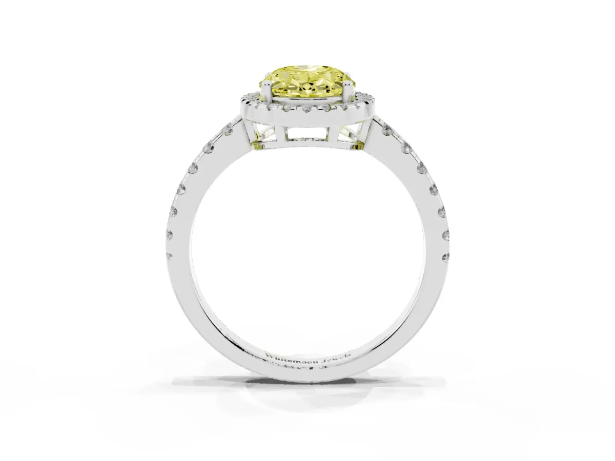 Fancy Yellow Oval Cut Diamond Halo Ring with Pavé Band and Four-Prong Setting White gold