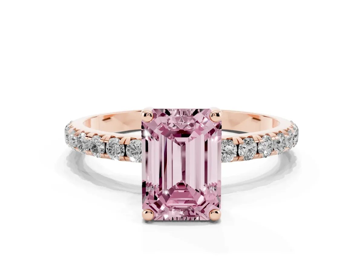 Fancy Pink Emerald Cut Cut Diamond Solitaire Ring with Micro Pave Band and Four Prong Setting Rose gold