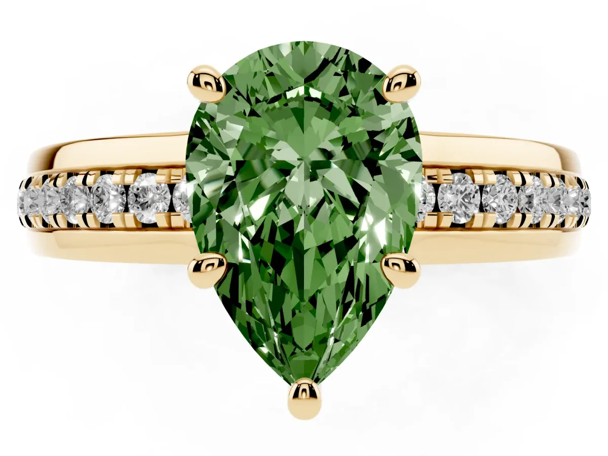 Fancy Green Pear Cut Solitaire Diamond Ring with Channel Set Band and Six-Prong Setting Yellow gold