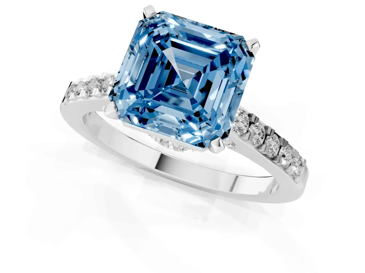 Fancy Blue Asscher Cut Diamond Solitaire Ring with Crossover Gallery and Round Pavé Band Platinum