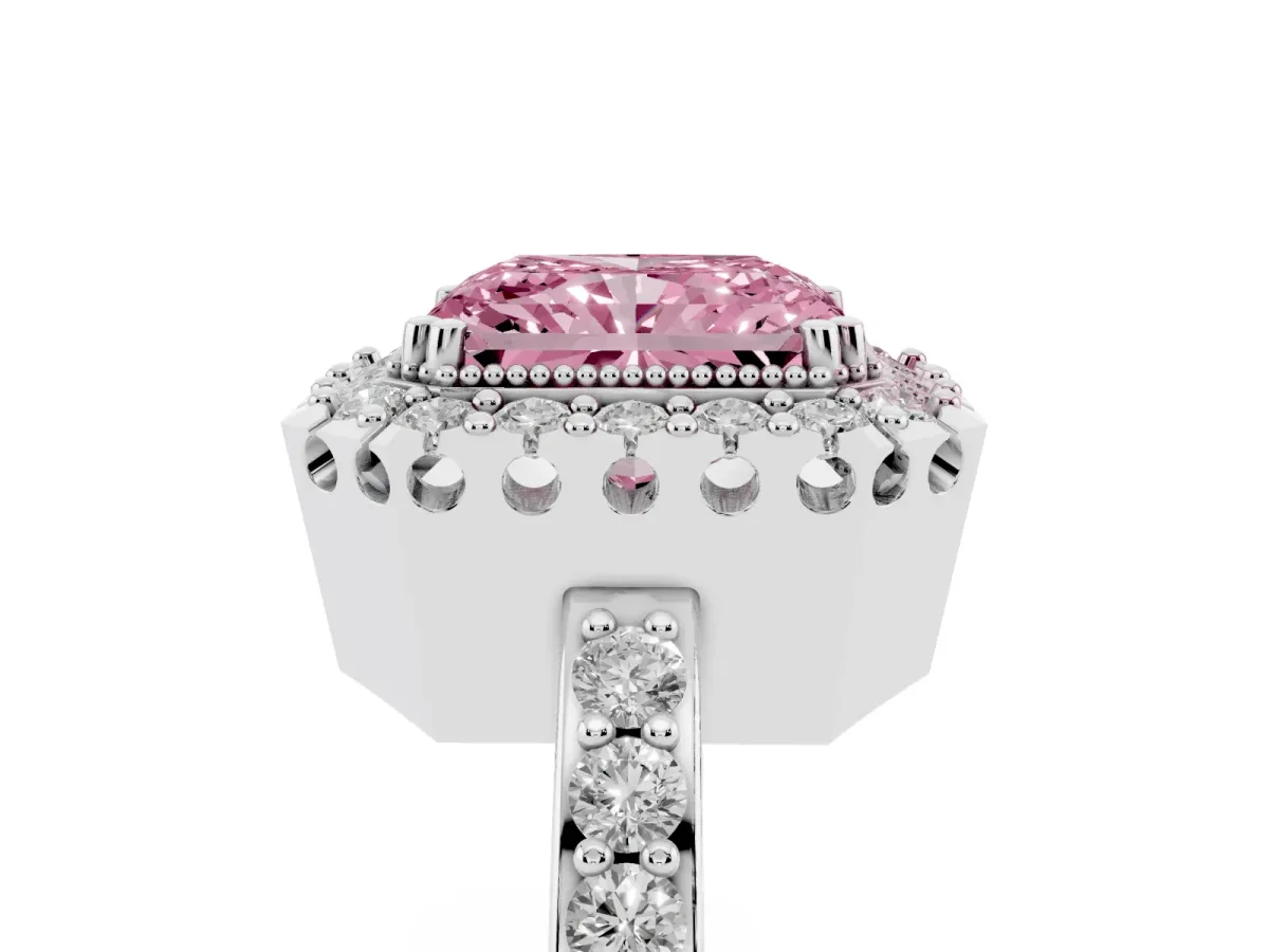 Fancy Pink Radiant Cut Diamond Halo Ring with Pavé Band and Prong Setting Silver