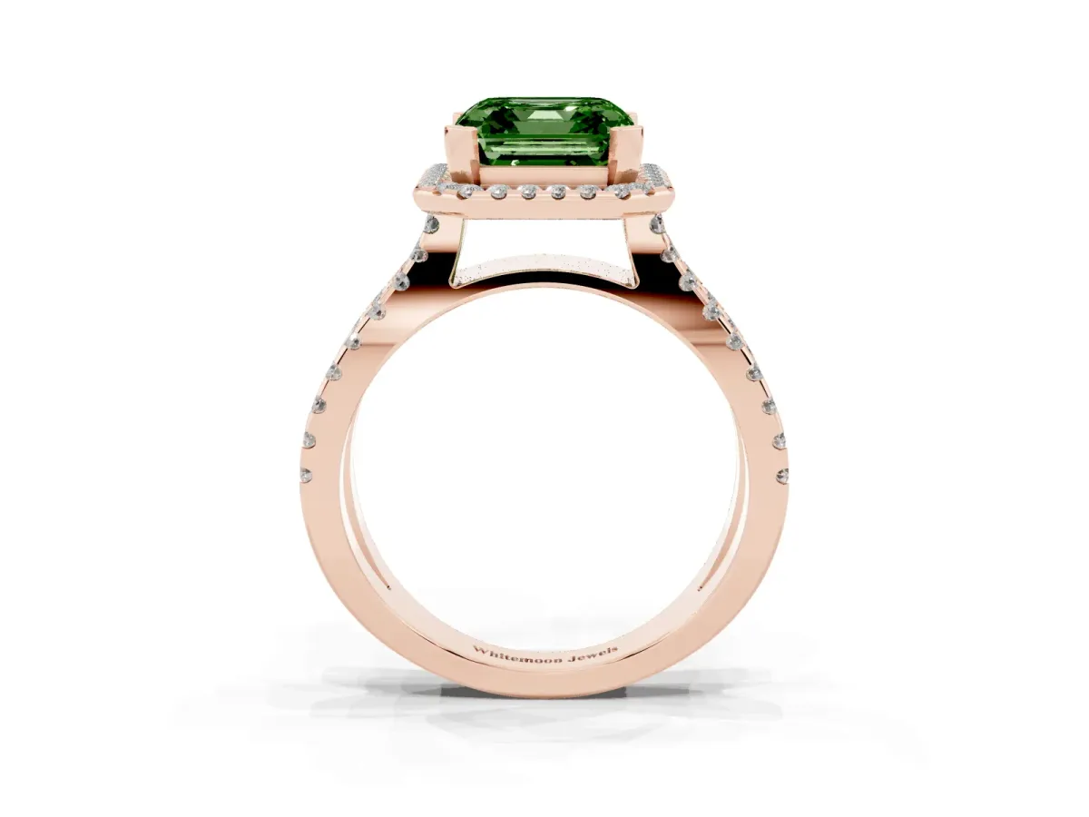 Fancy Green Asscher Cut Diamond Halo Ring with Split Shank Pavé Band and Prong Setting Rose gold