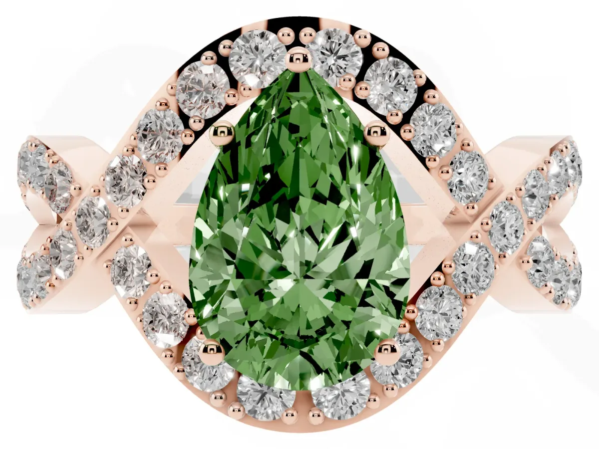 Fancy Green Pear Cut Solitaire Twist Band Pavé Diamond Engagement Ring Rose gold