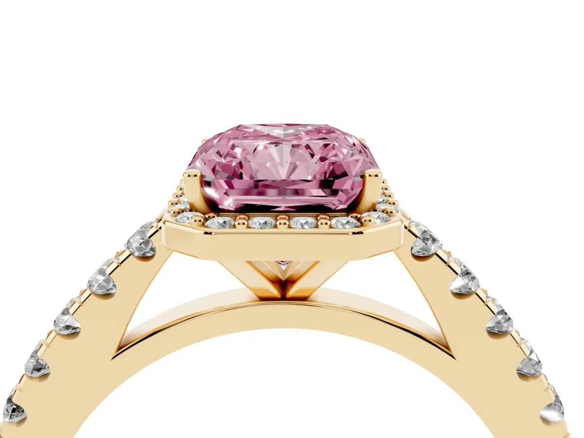 Fancy Pink Radiant Cut Cut Halo Diamond Engagement Ring with Pave Band and Four-Prong Setting Yellow gold