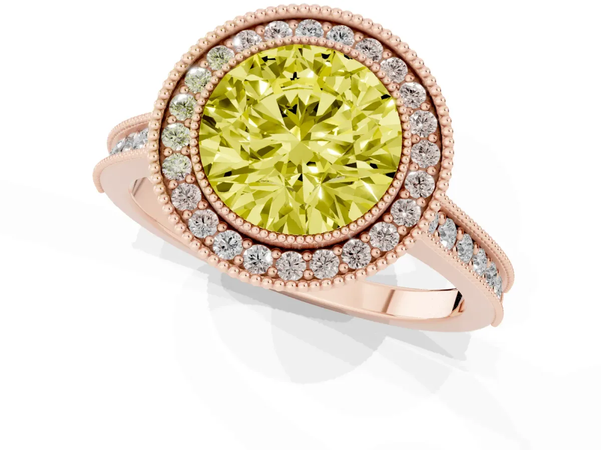 Fancy Yellow Halo Round Cut-Cut Diamond Pave Band Milgrain Prong Setting Ring Rose gold