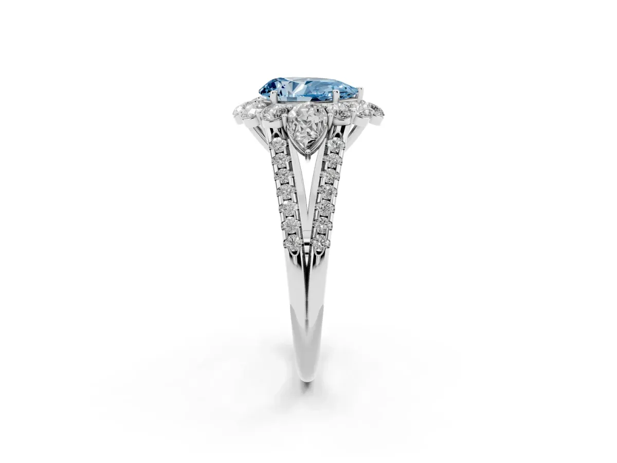 Fancy Blue Pear Cut Halo Split Shank Diamond Engagement Ring with Prong Setting Platinum