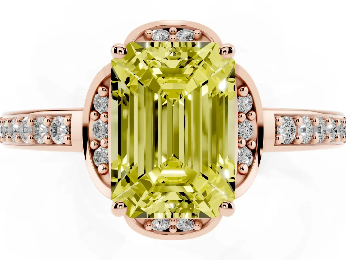 Fancy Yellow Emerald Cut Cut Halo Diamond Ring with Channel Set Band and Four-Prong Setting Rose gold