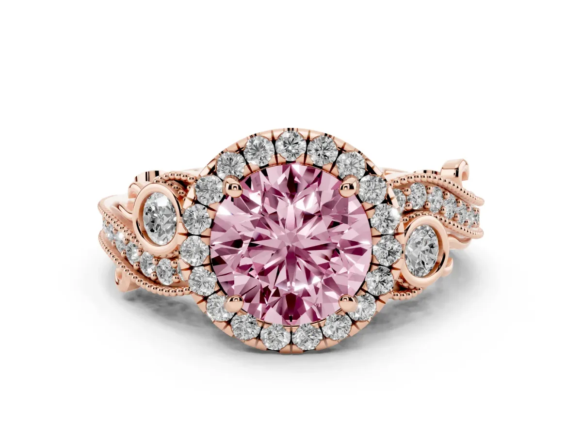 Fancy Pink Round Cut Halo Diamond Ring with Milgrain and Bezel Accents on a Split Shank Band Rose gold