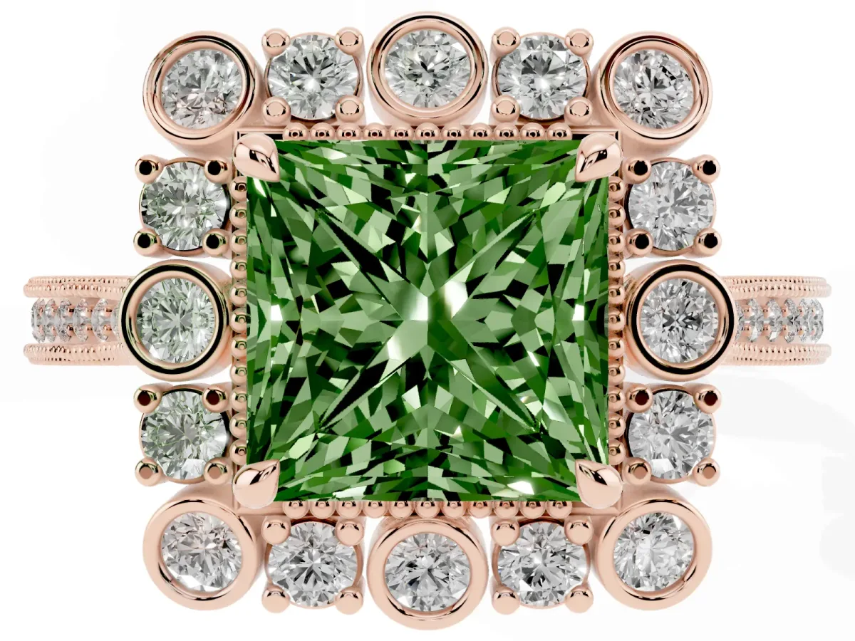 Fancy Green Princess Cut Halo Milgrain Pave Diamond Ring with Four-Prong Setting Rose gold