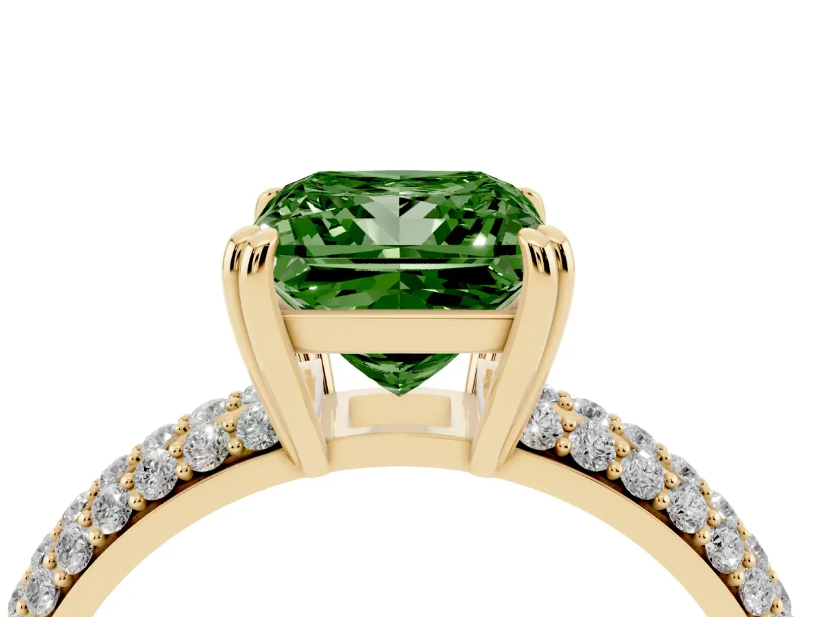 Fancy Green Princess Cut Diamond Solitaire Ring with Multi-Row Round Pavé Band and Prong Setting Yellow gold