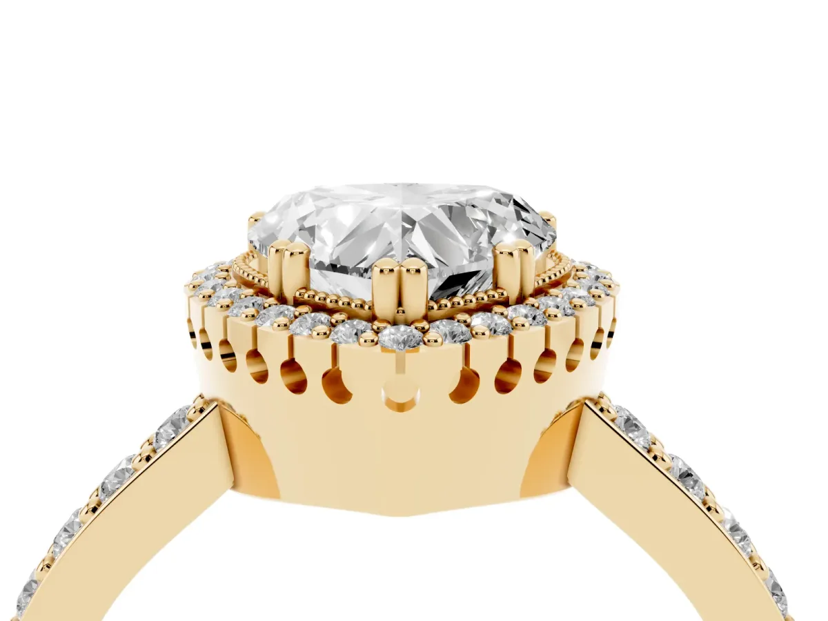 Heart Cut Cut Diamond Halo Engagement Ring with Milgrain Detail and Pavé Band Yellow gold