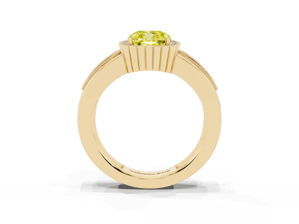 Fancy Yellow Cushion Cut Cut Halo Pave Band Four-Prong Ring Yellow gold