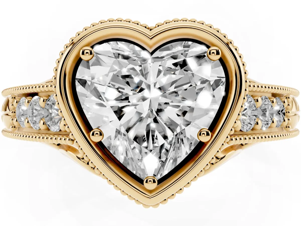 Bezel Set Heart Cut Diamond Milgrain Pave Engagement Ring Yellow gold