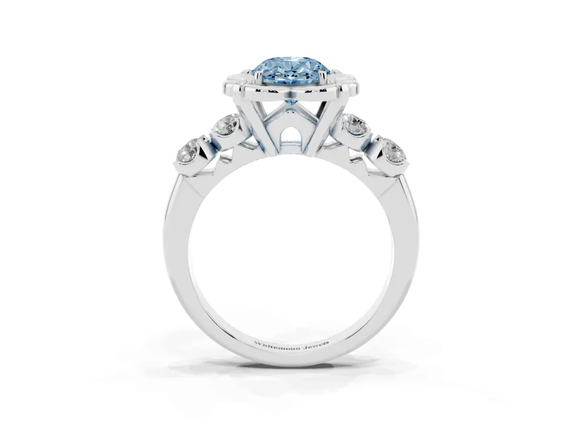 Fancy Blue Oval Cut Cut Diamond Floral Halo Engagement Ring with Shared Prong Setting Platinum