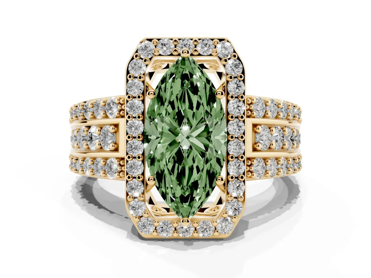 Fancy Green Marquise Cut Halo Diamond Ring with Round Split Shank and Prong Setting Yellow gold