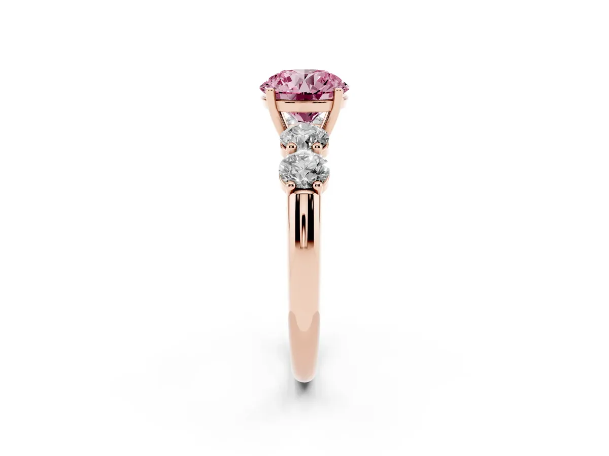 Fancy Pink Round Cut Cut Five-Stone Prong Set Diamond Ring with Classic Band Rose gold