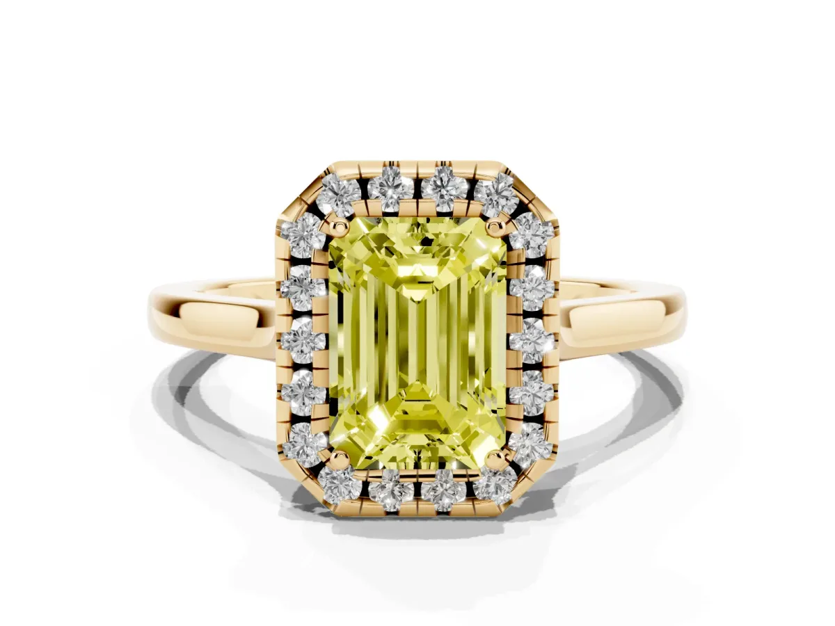 Fancy Yellow Emerald Cut Halo Round Diamond Solitaire Ring with Pavé Band and Four-Prong Setting Yellow gold