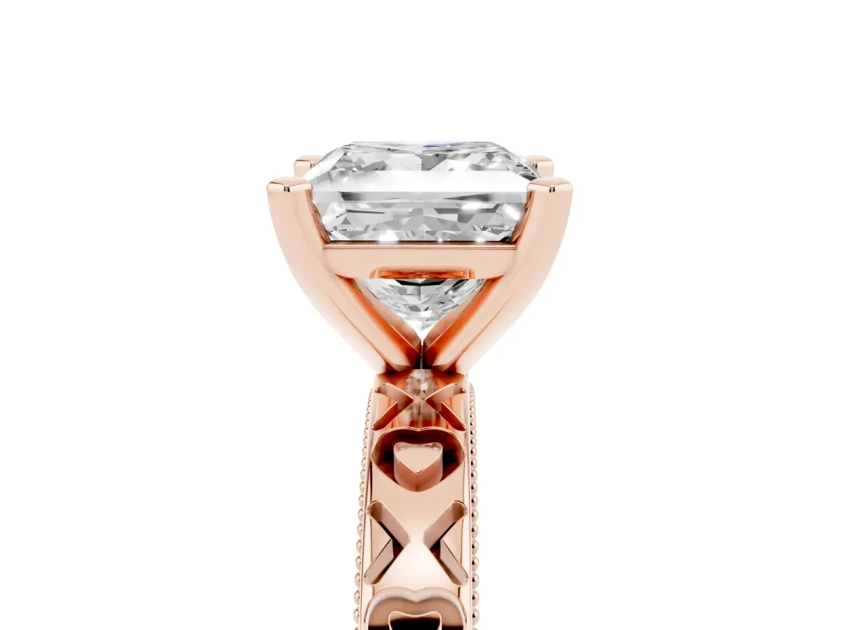 Princess Cut Solitaire Diamond Engagement Ring with XO Engraved Band and Four-Prong Setting Rose gold