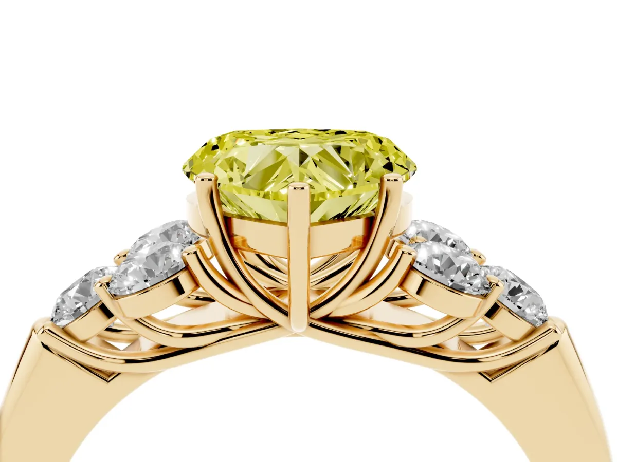 Fancy Yellow Heart Cut Cut Diamond Cluster Ring with Round Accent Stones and Prong Setting on a Classic Band Yellow gold