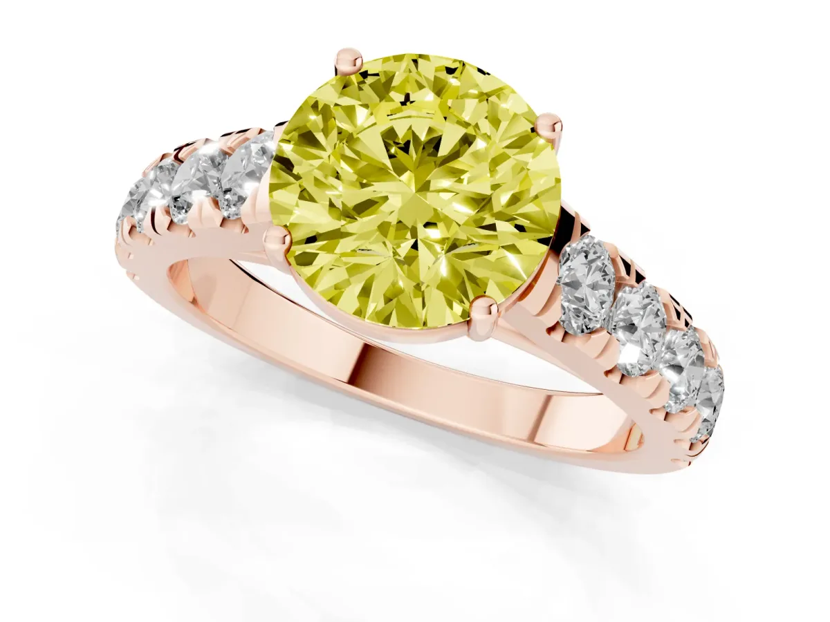 Fancy Yellow Round Cut Cut Diamond Solitaire Ring with Micro Pave Band and Prong Setting Rose gold