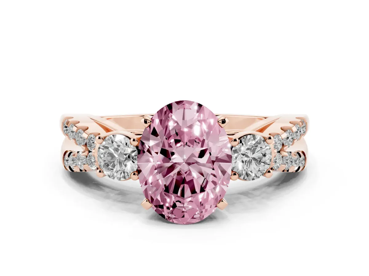 Fancy Pink Oval Cut Diamond Three-Stone Ring with Pavé Split Shank and Four-Prong Setting Rose gold