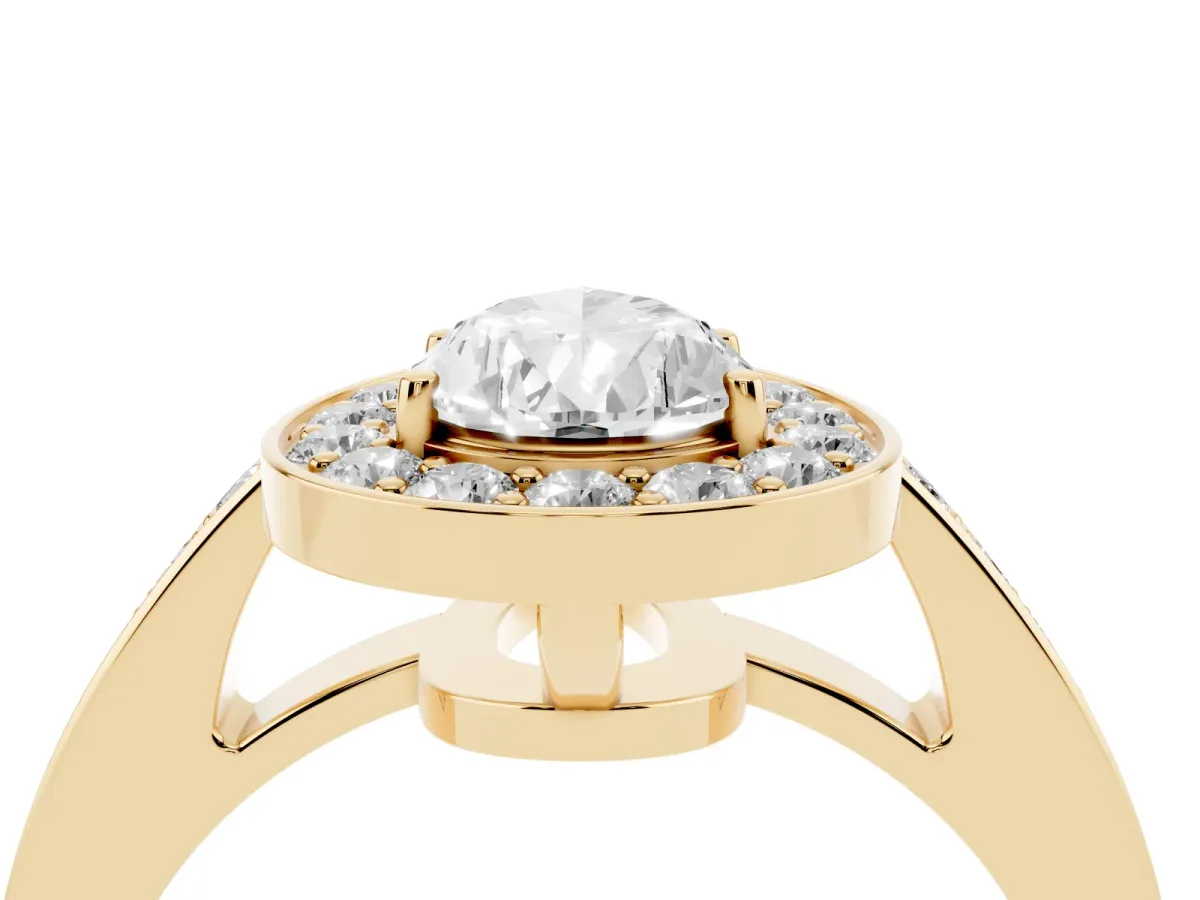 Pear Cut Halo Pavé Diamond Engagement Ring with Bezel Setting Yellow gold