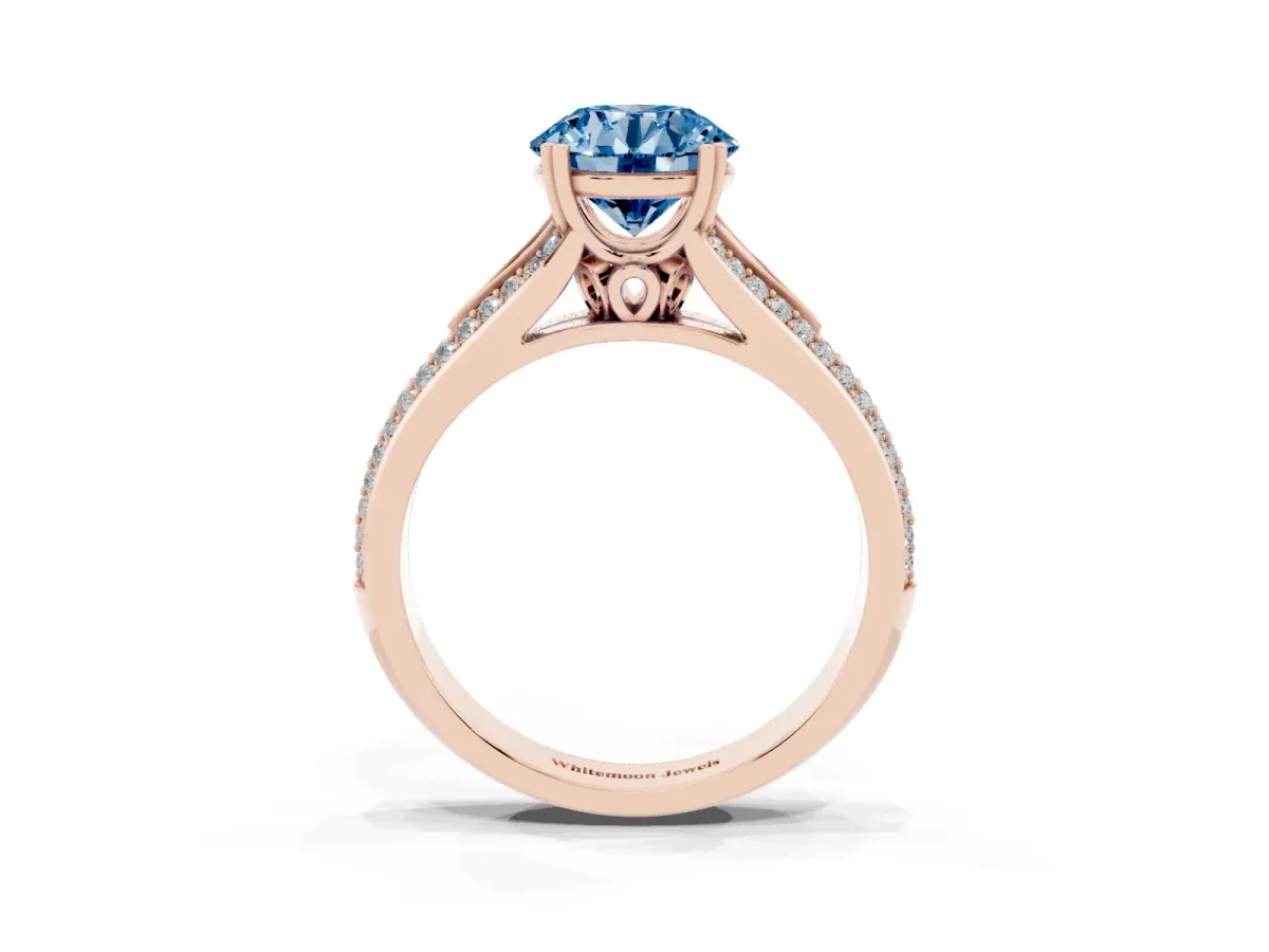 Fancy Blue Round Cut Diamond Split Shank Engagement Ring with Pavé Band Rose gold