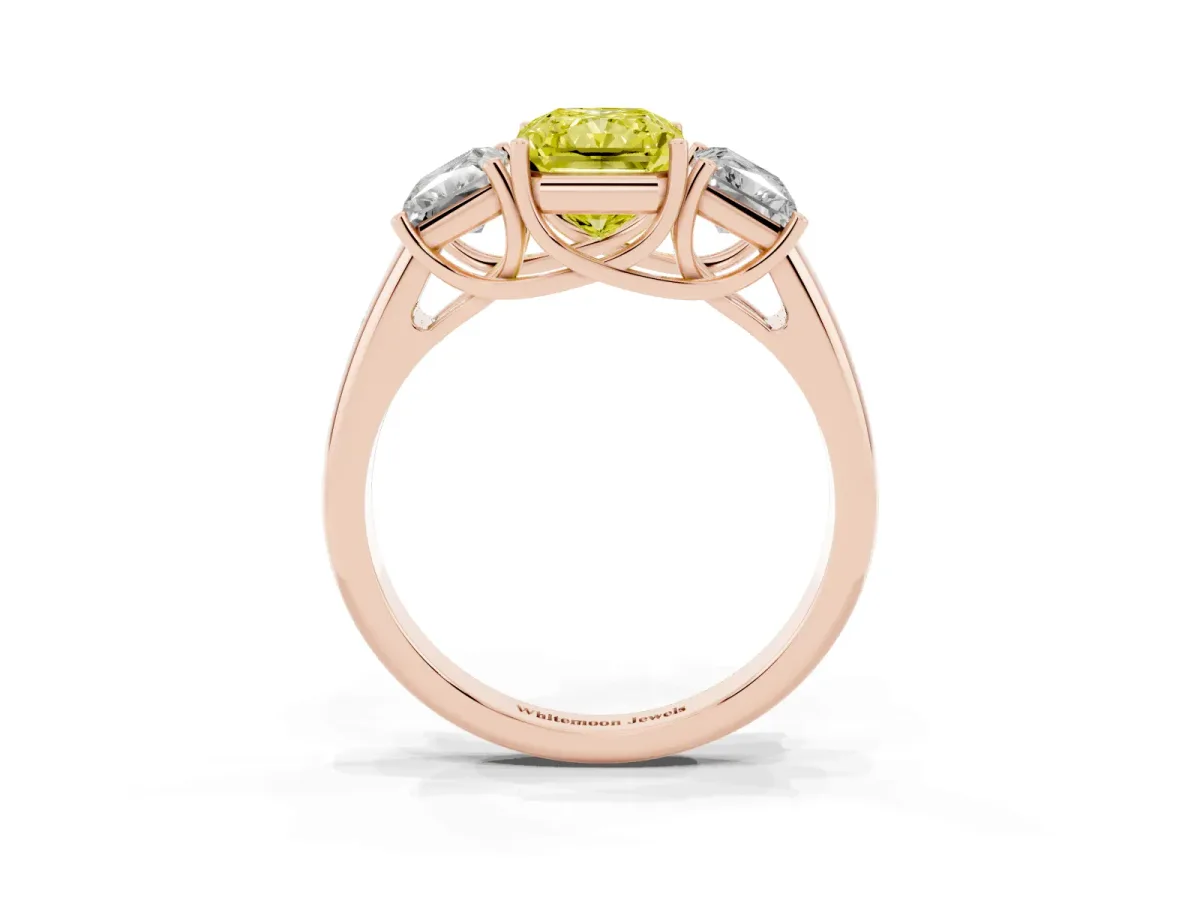 Fancy Yellow Three-Stone Radiant Cut Diamond Engagement Ring with Prong Setting Rose gold