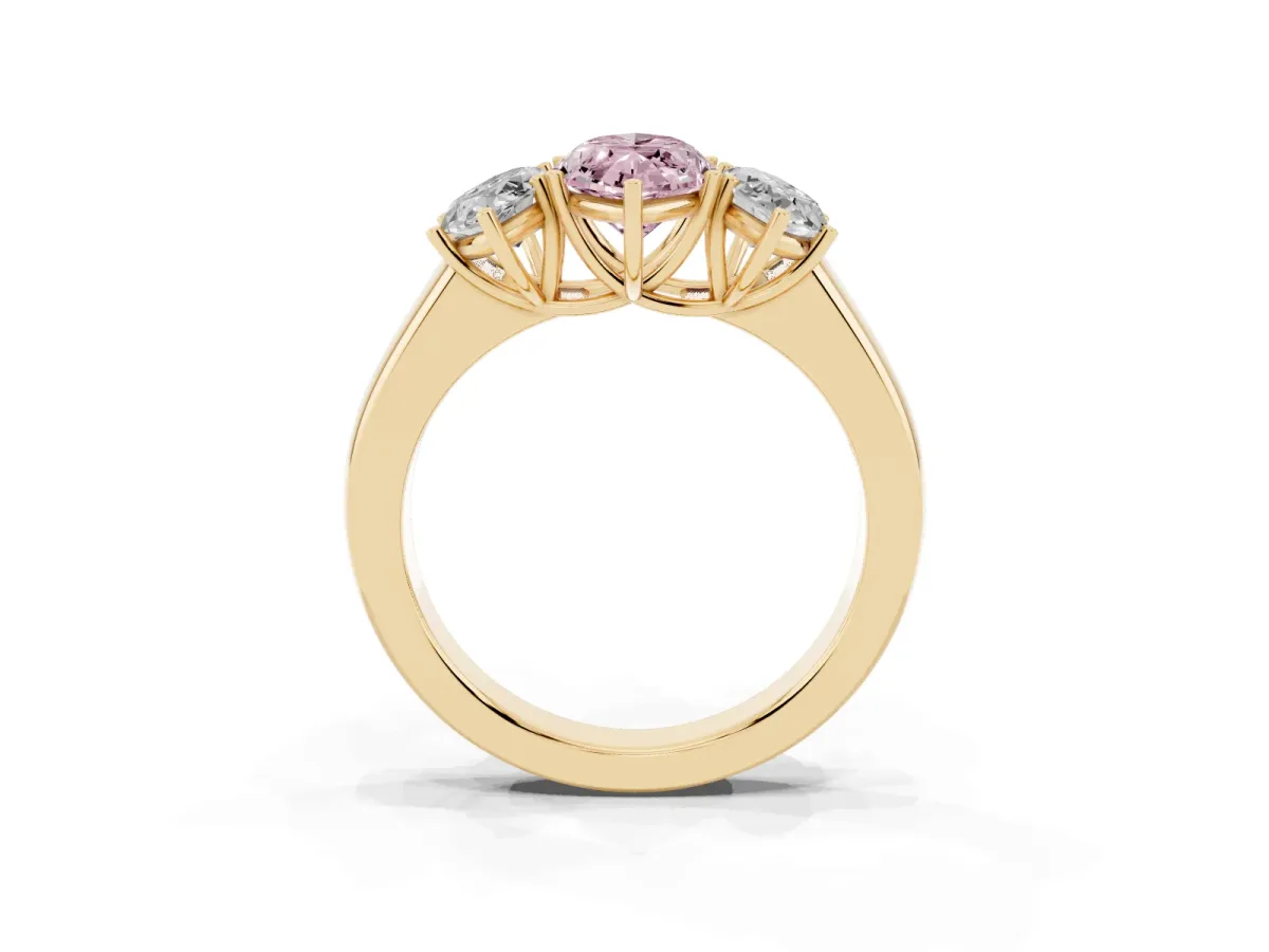 Fancy Pink Three-Stone Marquise Cut Cut Diamond Ring with Prong Setting and Classic Band Yellow gold