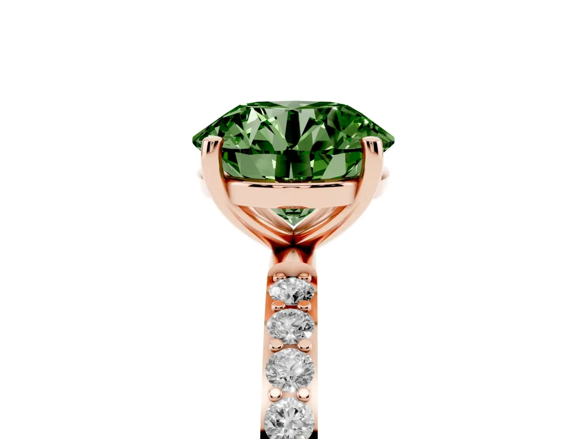 Fancy Green Round Cut Diamond Solitaire Ring with Round Pavé Shoulders and Prong Setting Rose gold