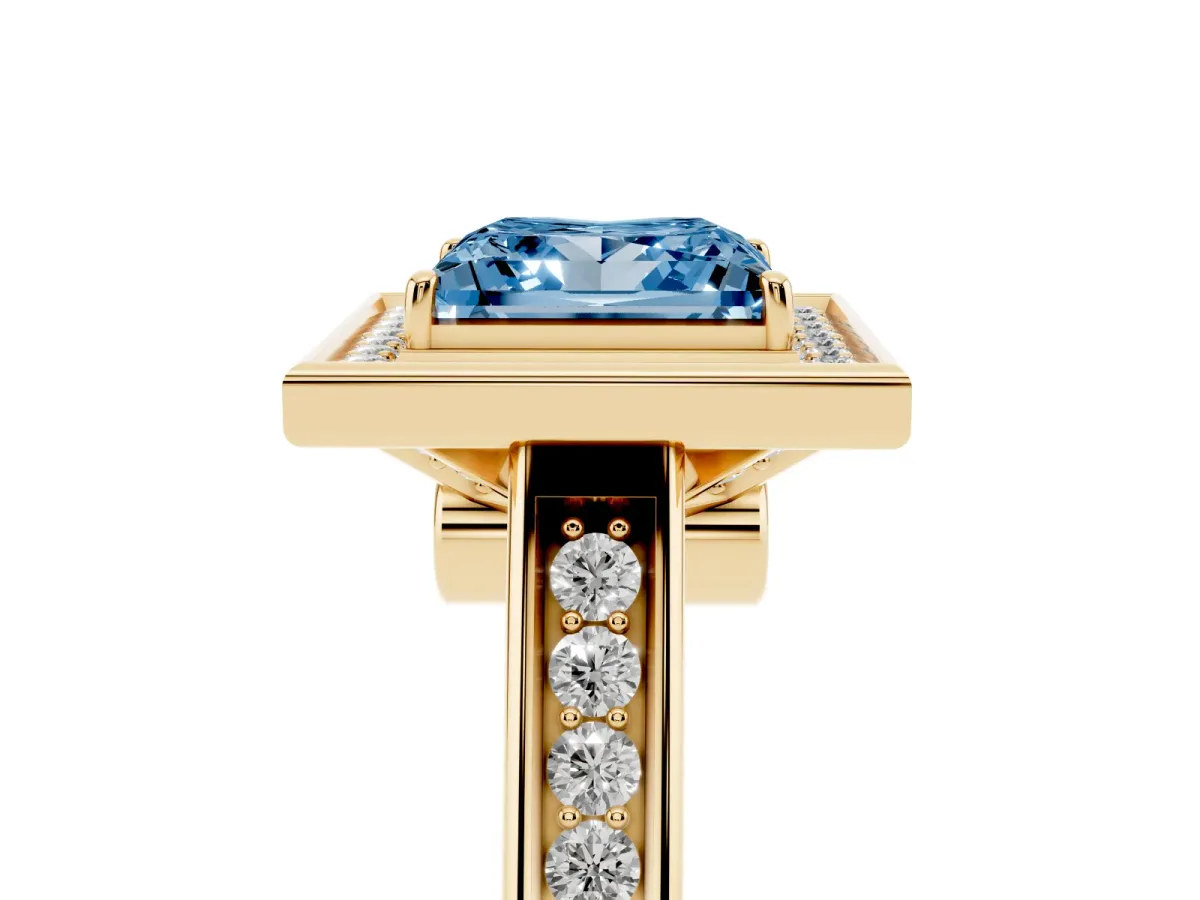Fancy Blue Princess Cut Halo Solitaire Diamond Ring with Pave Band and Bezel Setting Yellow gold