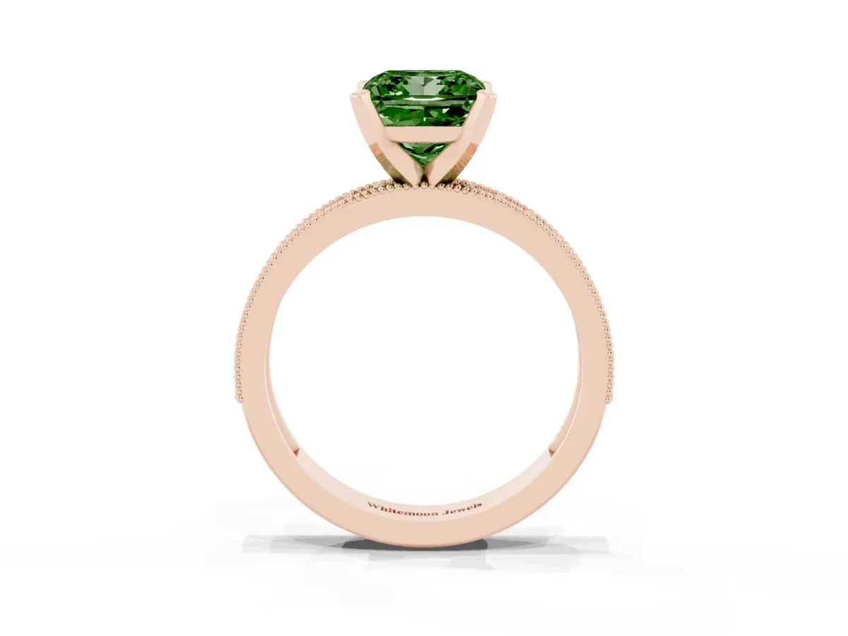Fancy Green Princess Cut Diamond Milgrain Pavé Engagement Ring with Four-Prong Setting Rose gold