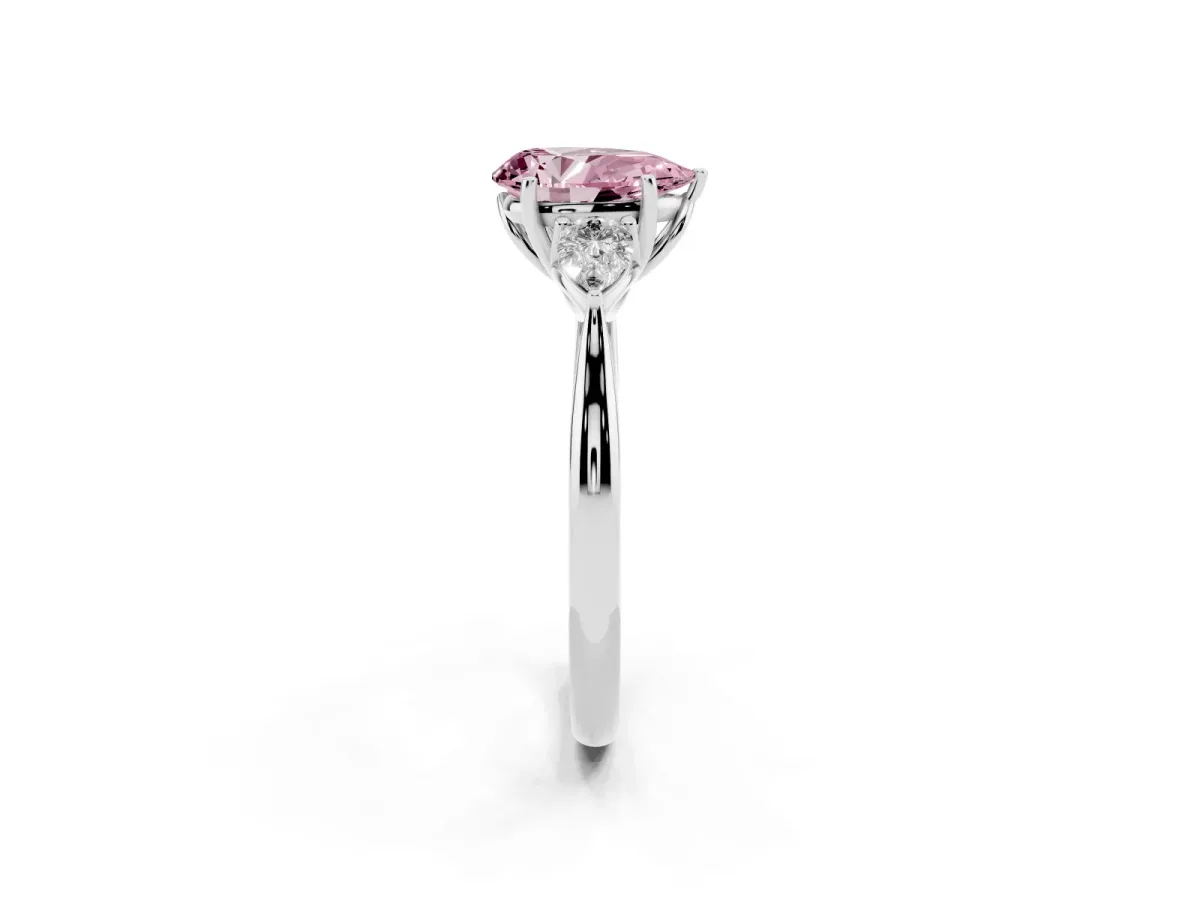 Fancy Pink Three-Stone Pear Cut Diamond Ring with Pear Side Stones in Four-Prong Setting Silver