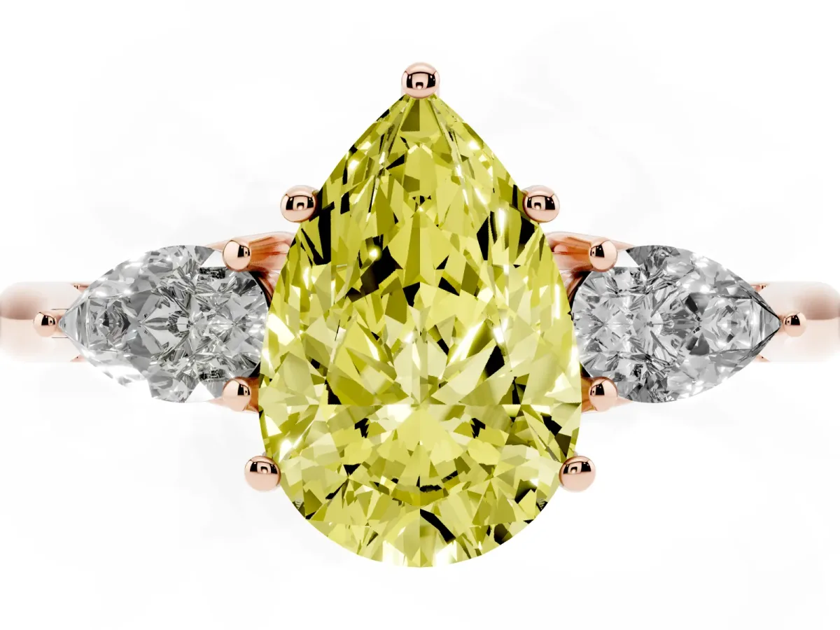 Fancy Yellow Three-Stone Pear Cut Diamond Ring with Pear Side Stones in Four-Prong Setting Rose gold