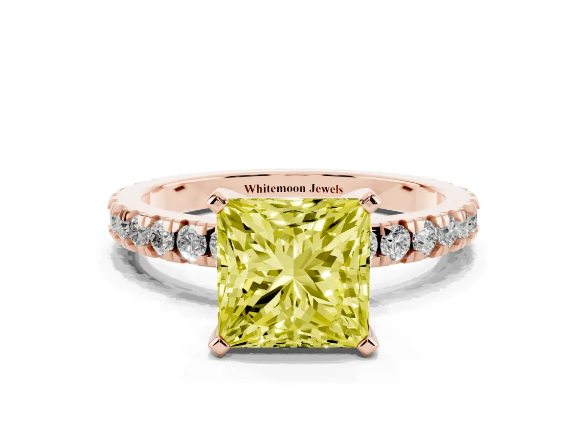 Fancy Yellow Princess Cut Diamond Pavé Band Solitaire with Four-Prong Setting Rose gold