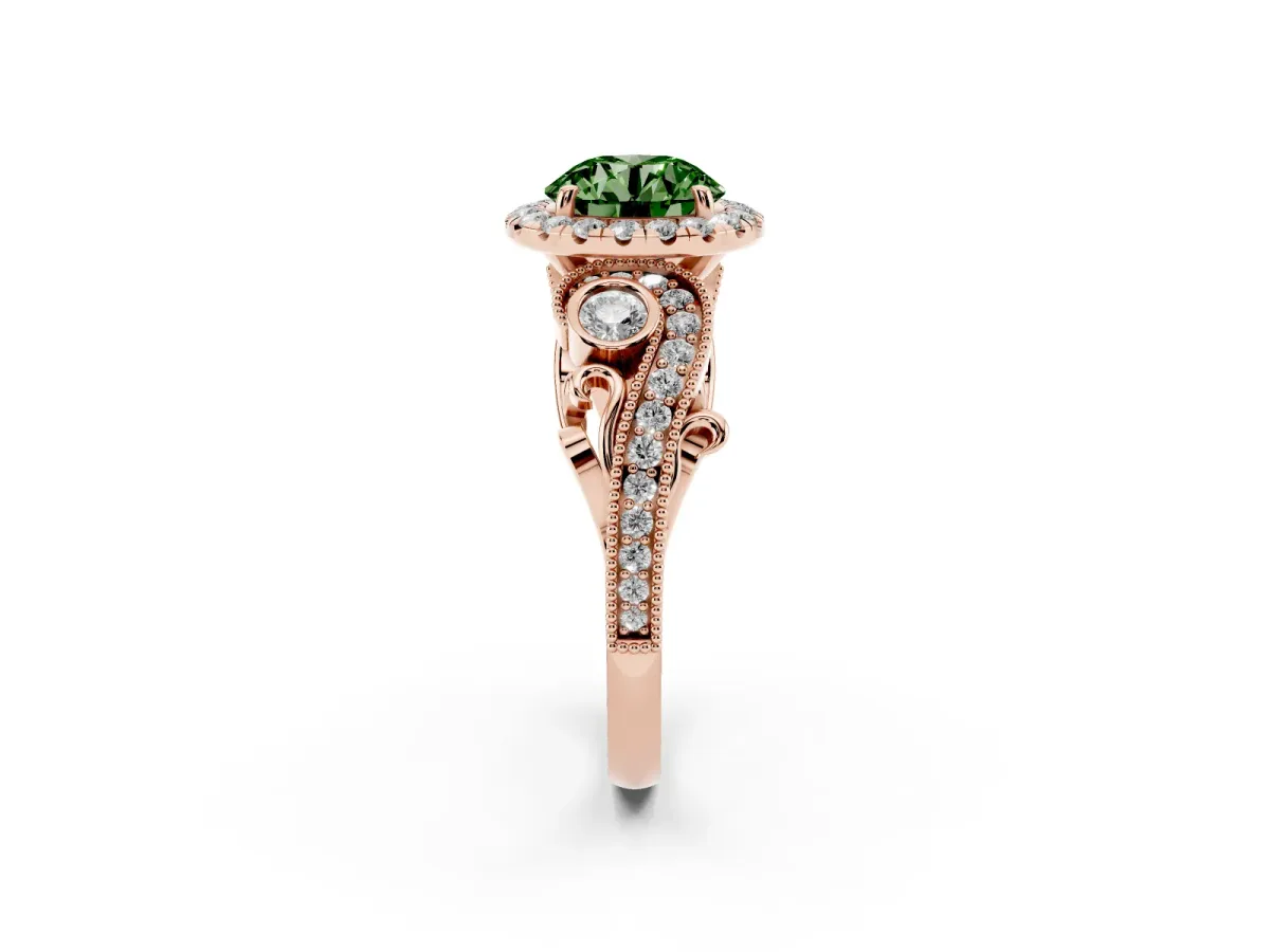 Fancy Green Round Cut Halo Diamond Ring with Milgrain and Bezel Accents on a Split Shank Band Rose gold
