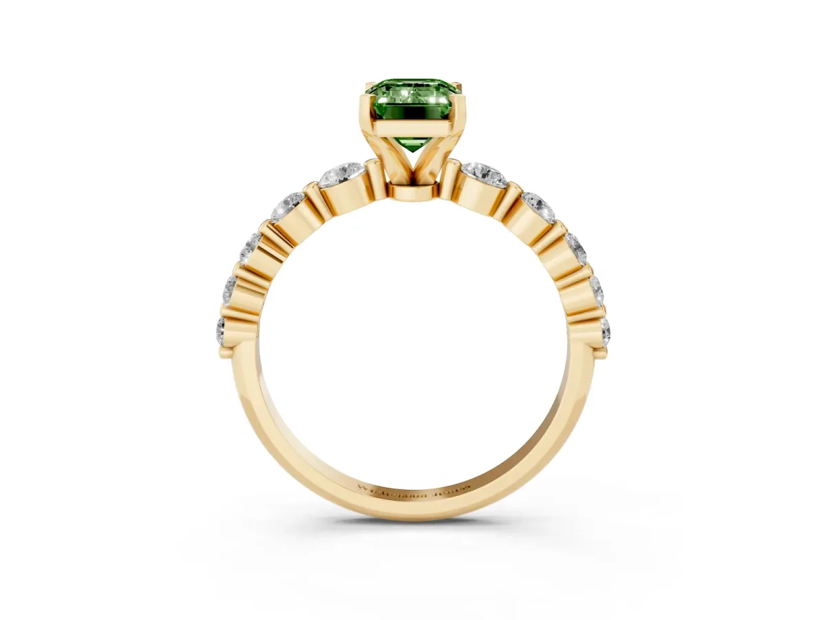 Fancy Green Emerald Cut Solitaire Diamond Ring with Pave Band and Four-Prong Setting Yellow gold