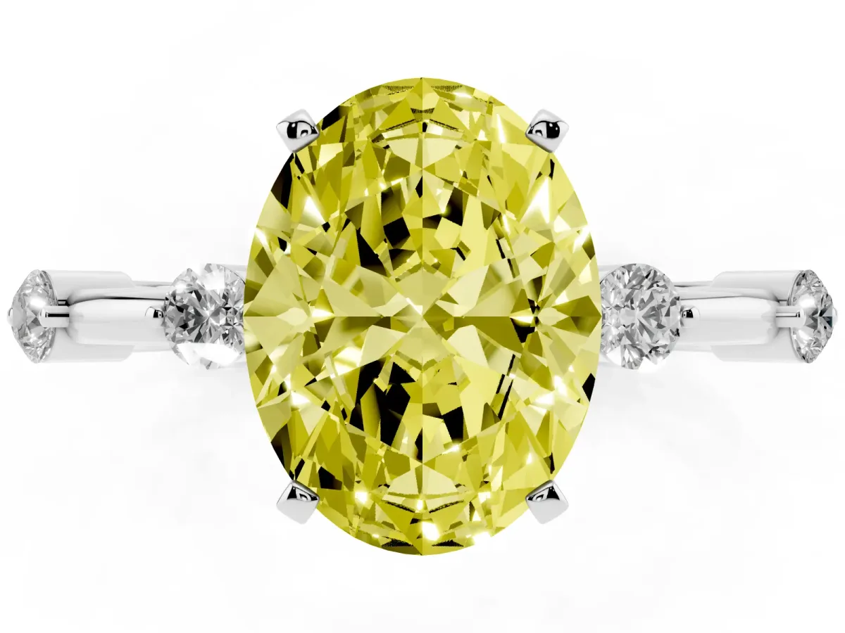 Fancy Yellow Oval Cut Solitaire Diamond Ring with Bezel Set Side Stones and Prong Setting Silver
