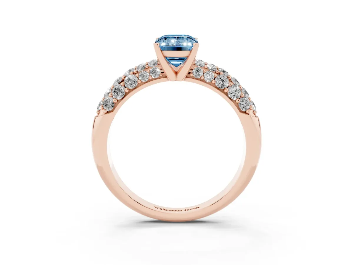Fancy Blue Emerald Cut Diamond Pavé Band Solitaire Ring with Four-Prong Setting Rose gold