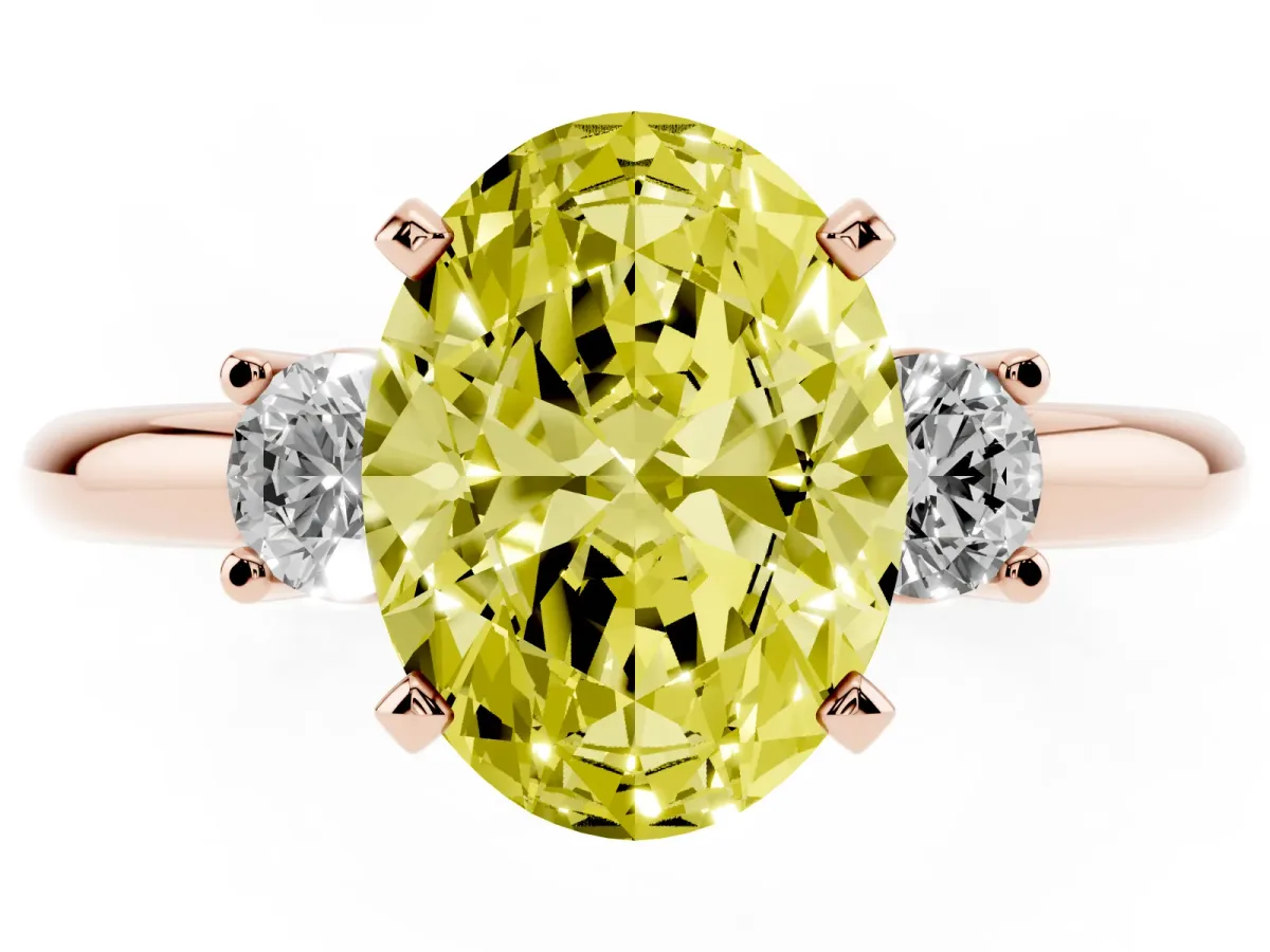 Fancy Yellow Three-Stone Oval Cut Cut Diamond Solitaire with Prong Setting and Classic Band Rose gold