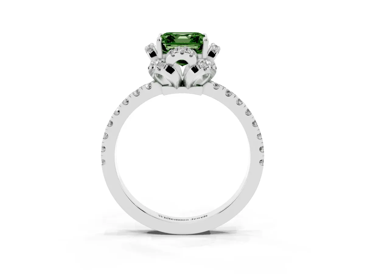 Fancy Green Asscher Cut Diamond Halo Pave Band with Four-Prong Setting Platinum