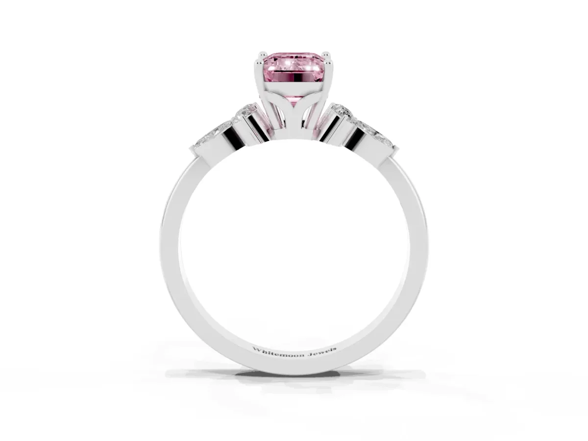 Fancy Pink Emerald Cut Brilliant Diamond Solitaire Ring with Pear Side Stones and Four-Prong Setting Platinum