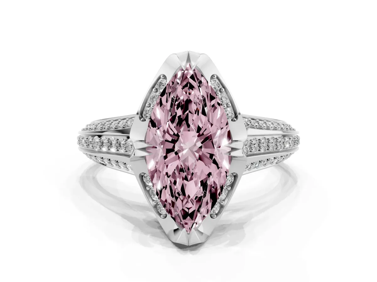 Fancy Pink Marquise Cut Solitaire Pave Split Shank Ring with Four-Prong Setting White gold