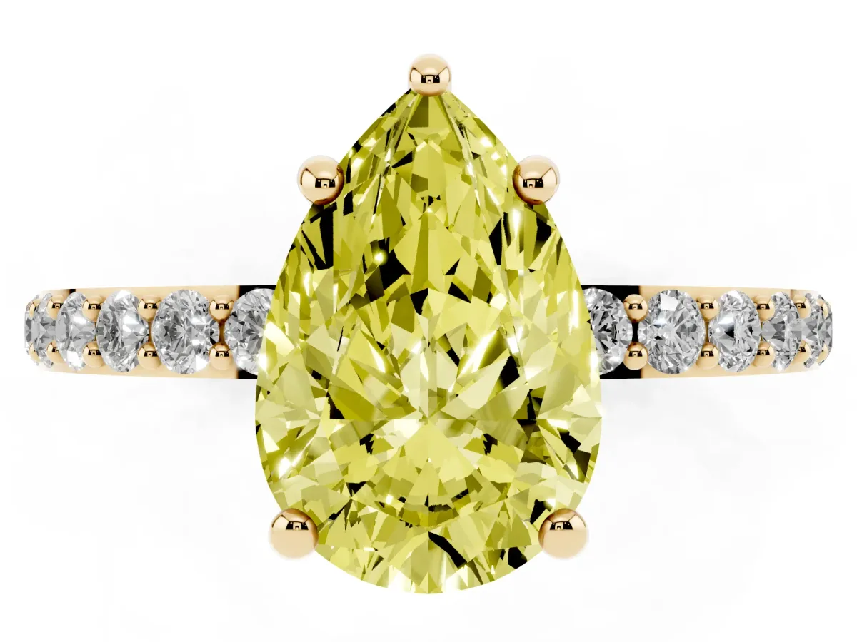 Fancy Yellow Pear Cut Diamond Solitaire Ring with Round Pavé Band and Prong Setting Yellow gold