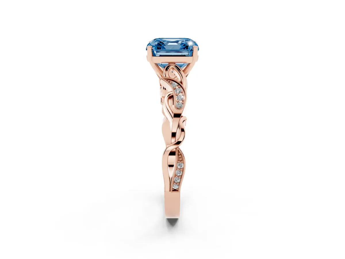 Fancy Blue Asscher Cut Solitaire Vine Band with Milgrain Prong Setting Rose gold