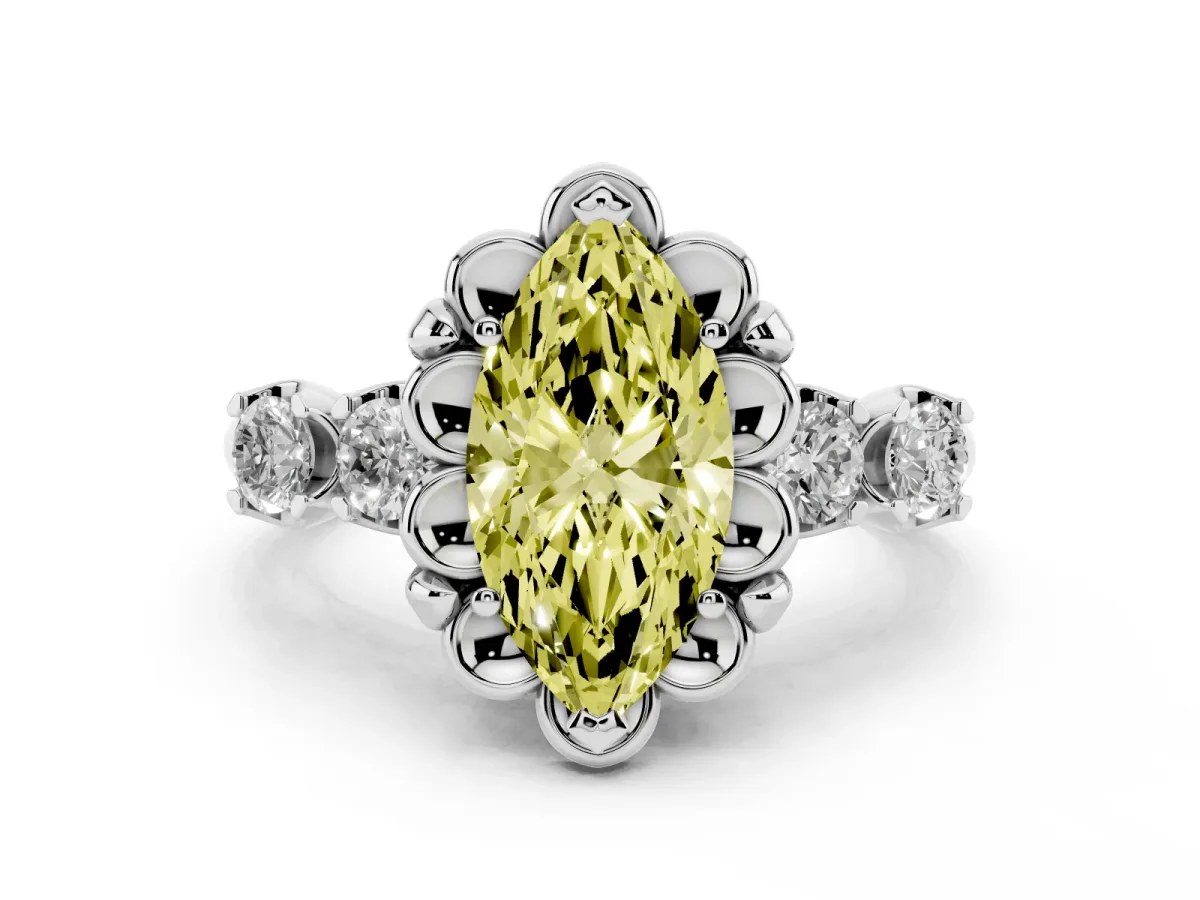 Fancy Yellow Marquise Cut Cut Diamond Floral Halo Engagement Ring with Shared Prong Setting White gold