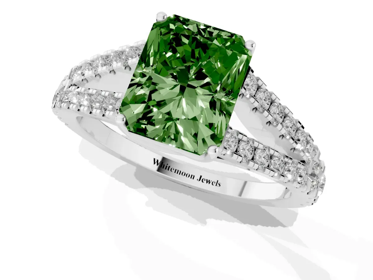 Fancy Green Radiant Cut Diamond Split Shank Engagement Ring with Round Pavé and Prong Setting Silver