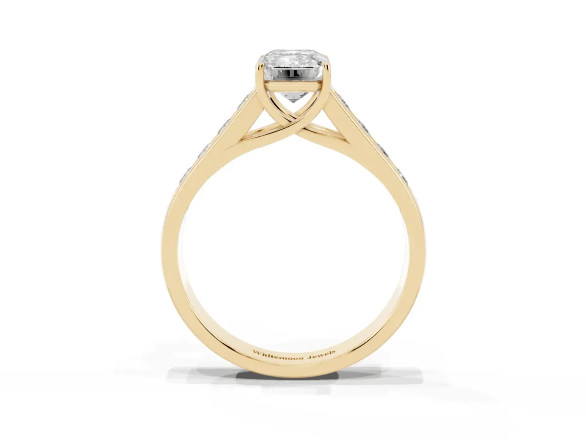 Emerald Cut Solitaire Channel-Set Diamond Engagement Ring with Four-Prong Setting Yellow gold