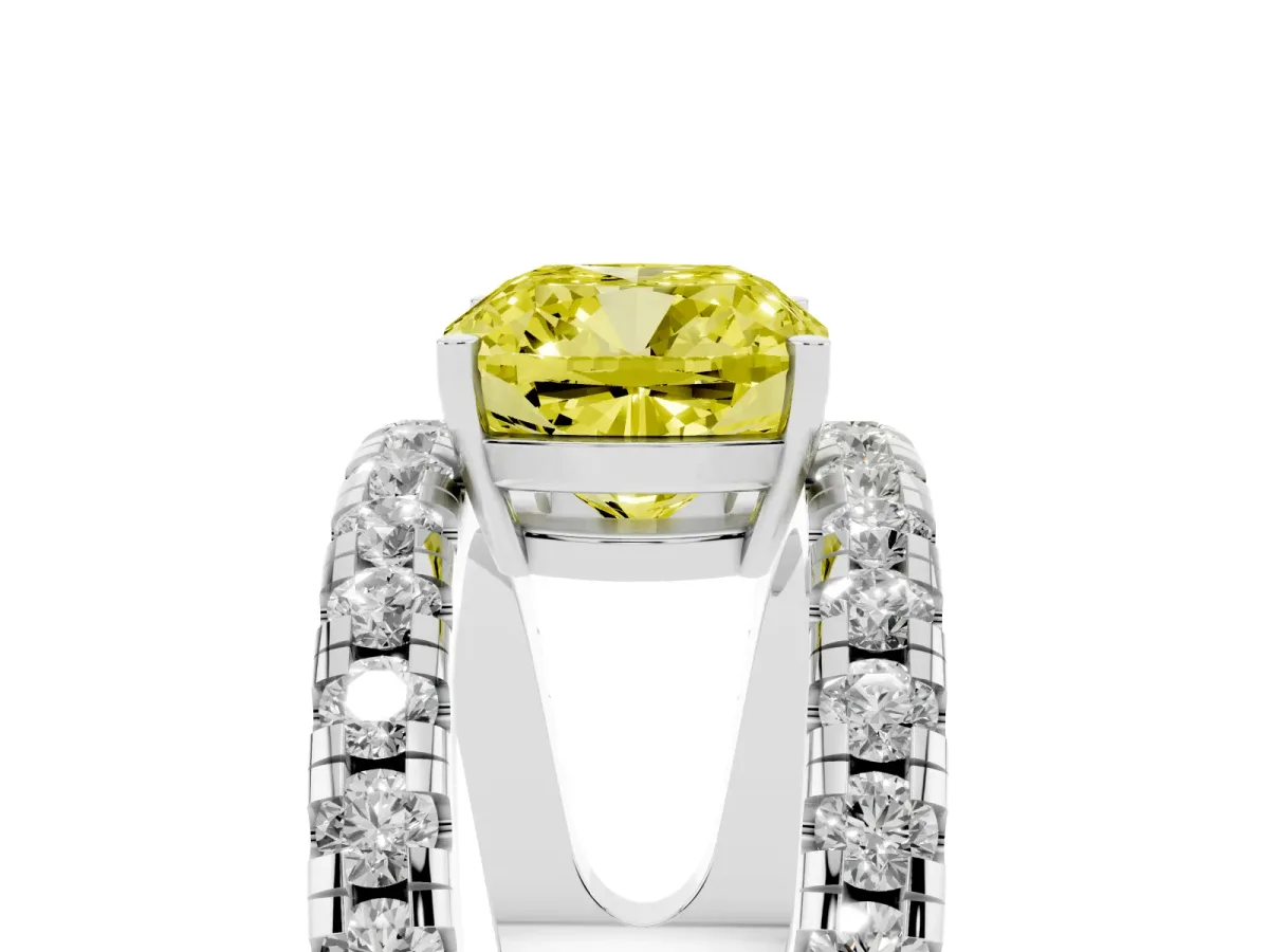 Fancy Yellow Cushion Cut Solitaire Split Shank Pave Diamond Ring Platinum